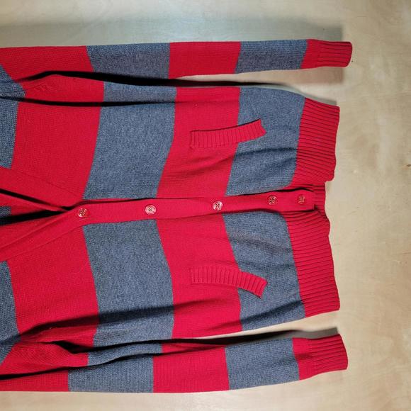 Tommy Hilfiger Red Gray Ruby Stripe Button Cardigan Front Pockets Women Size M - Picture 8 of 9